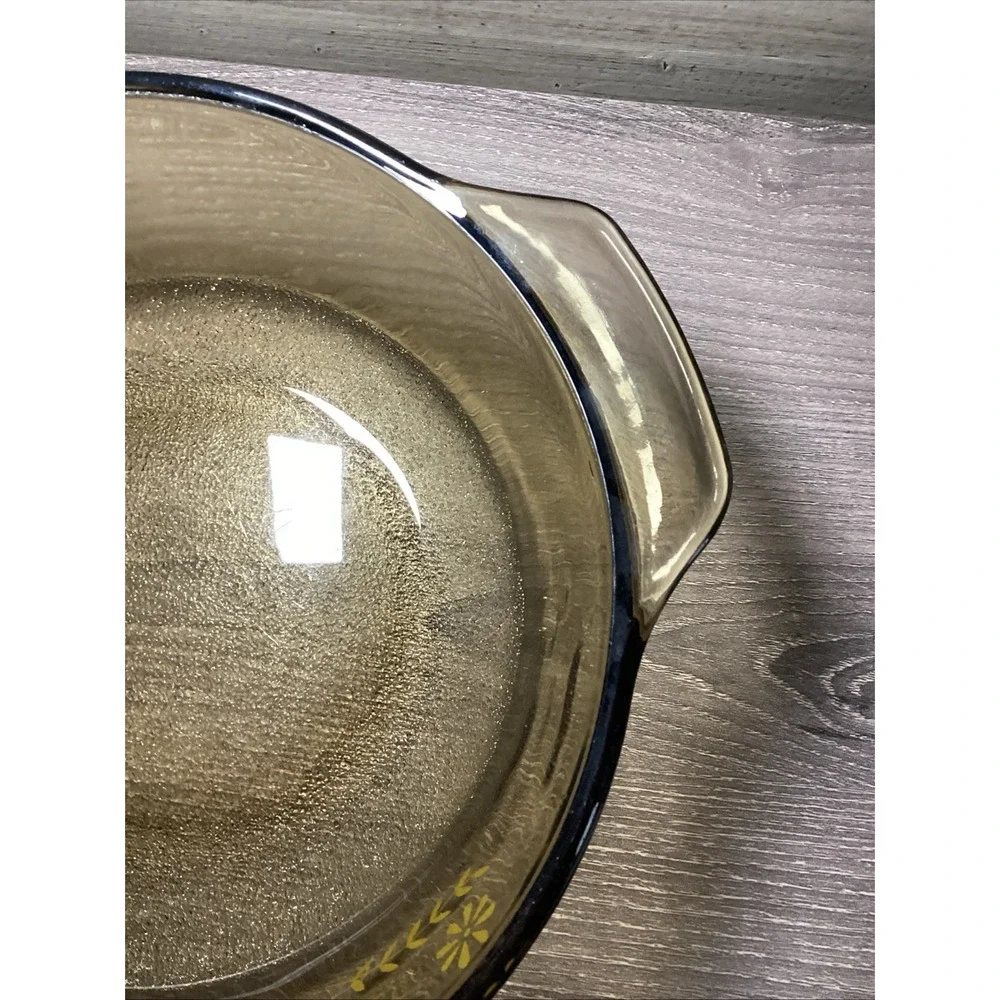 Vintage Glasbake Smoked Amber Glass Round Casserole Dish Yellow Daisies 1970s